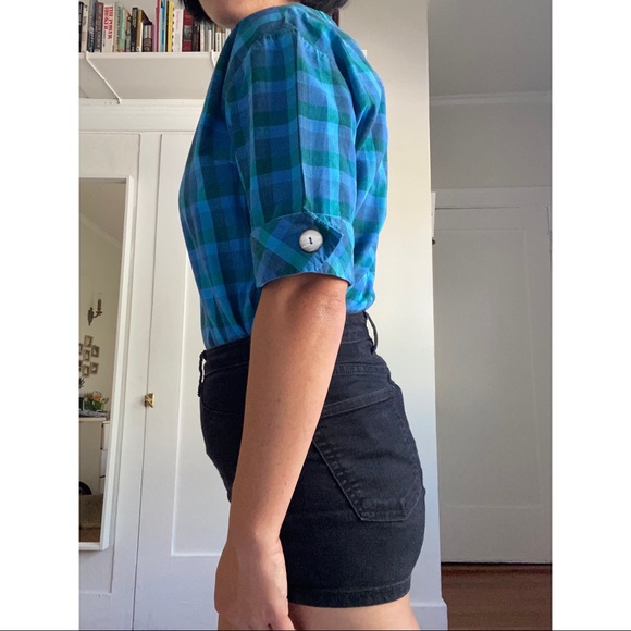 SOLD Vintage Handmade Turquoise Plaid Gingham Boatneck Top - Picture 5 of 9